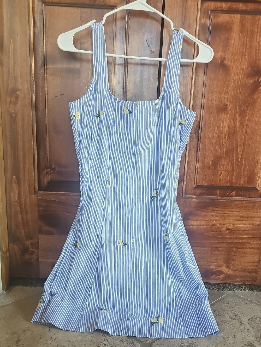 Blue Striped Sleeveless Summer Dress with Yellow Floral Detail